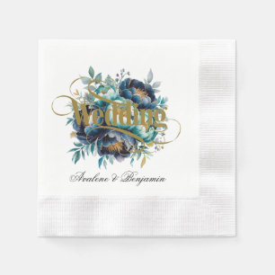 Watercolor Aqua Navy Blue Peony Floral Wedding Napkin
