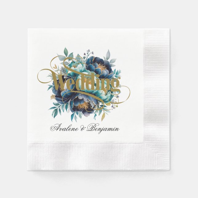 Watercolor Aqua Navy Blue Peony Floral Wedding Napkin (Front)