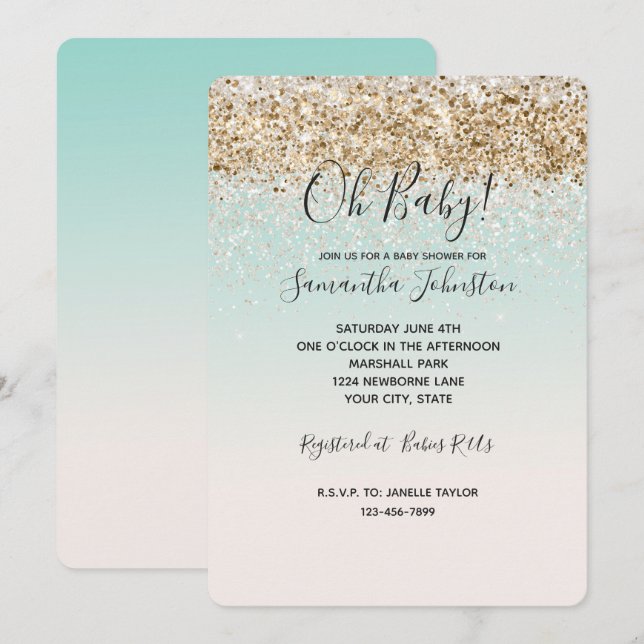 Watercolor Aqua Ombre gold confetti white glitter Invitation (Front/Back)