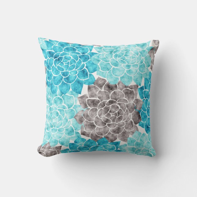 Watercolor Aqua Teal Graphite Grey Flower Collage Cushion (Front)