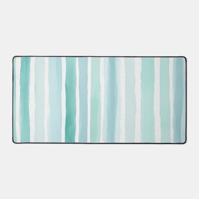 Watercolor Aqua Vertical Stripe Pattern Coastal  Desk Mat (Front)