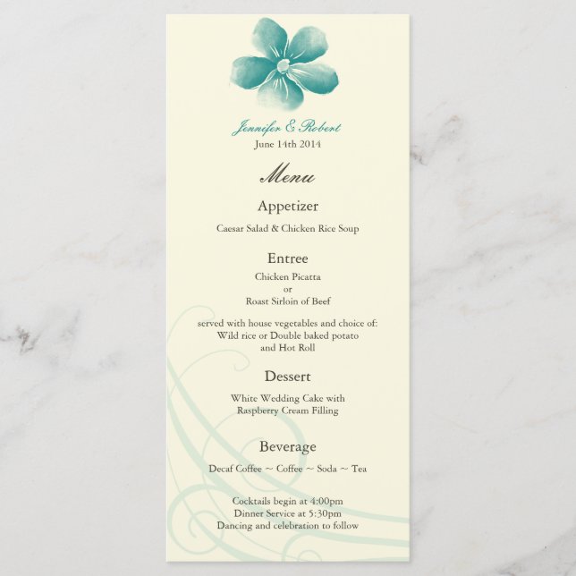 Watercolor Aqua Wedding Menu Card (Front)