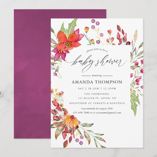 Watercolor Aquarelle Wild Flower Baby Shower Invitation (Front/Back)