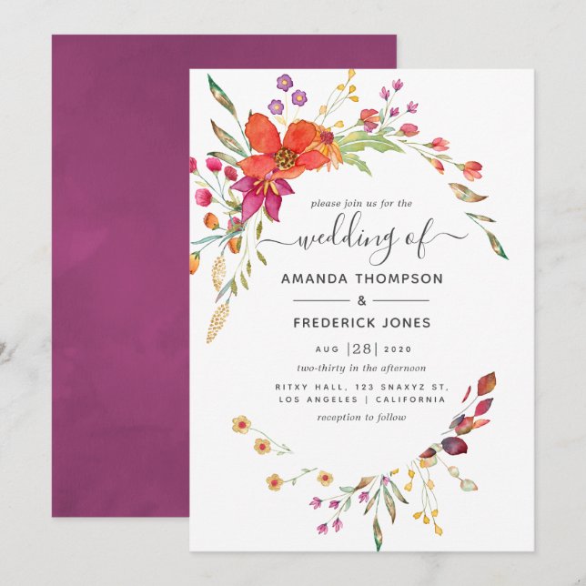 Watercolor Aquarelle Wild Flower Wedding Invitation (Front/Back)
