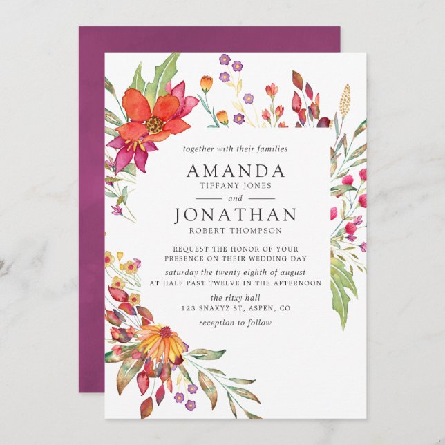 Watercolor Aquarelle Wild Flower Wedding Invitation (Front/Back)