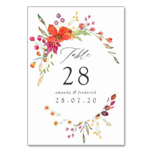 Watercolor Aquarelle Wild Flower Wedding Table Number