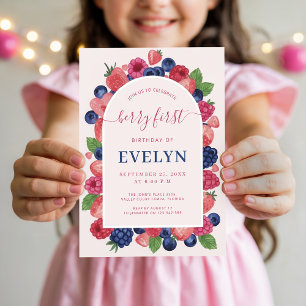 Watercolor Arch Baby Girl Boy Berry First Birthday Invitation