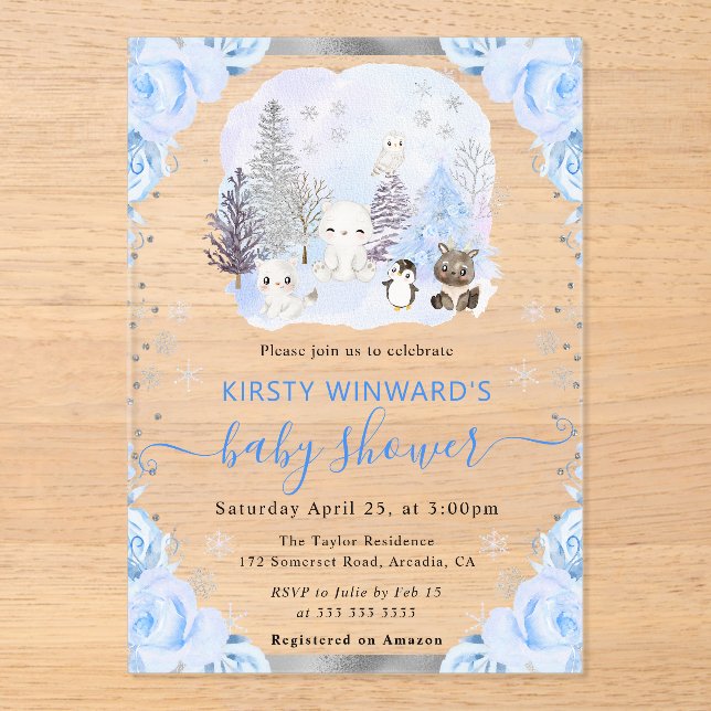 Watercolor Arctic Animals Floral Baby Shower Acrylic Invitations (Front)