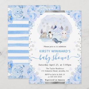 Watercolor Arctic Animals Floral Baby Shower Invitation