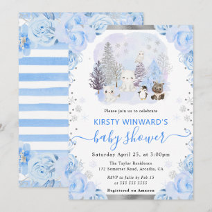 Watercolor Arctic Animals Floral Baby Shower Invitation