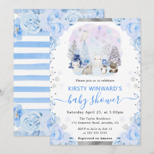 Watercolor Arctic Animals Floral Baby Shower Invitation