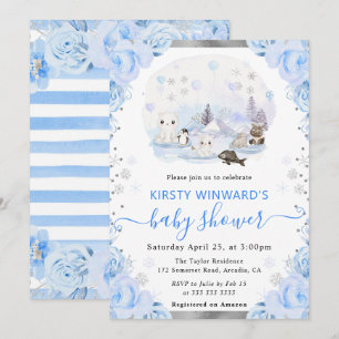 Watercolor Arctic Animals Floral Baby Shower Invitation