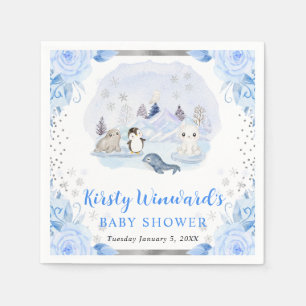 Watercolor Arctic Animals Floral Baby Shower Napkin