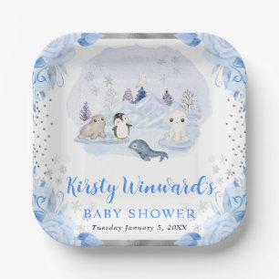 Watercolor Arctic Animals Floral Baby Shower Paper Plate