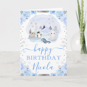 Watercolor Arctic Animals Floral Birthday Card