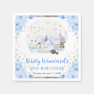 Watercolor Arctic Animals Floral Kids Birthday Napkin