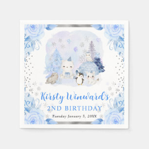 Watercolor Arctic Animals Floral Kids Birthday Napkin