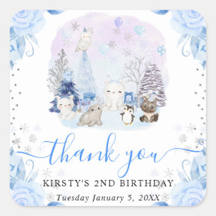 Watercolor Arctic Animals Floral Kids Birthday Square Sticker