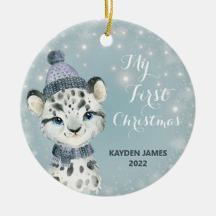 Watercolor Arctic Leopard Baby 1st First Christmas Ceramic Tree Decoration