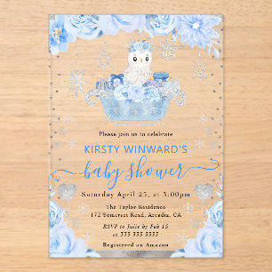 Watercolor Arctic Owl Floral Baby Shower Acrylic Invitations