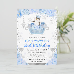 Watercolor Arctic Penguin Floral 2nd Birthday Invitation