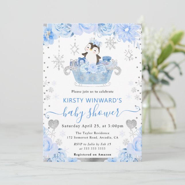 Watercolor Arctic Penguin Floral Baby Shower Invitation (Standing Front)