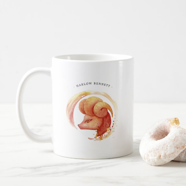 Watercolor Aries Astrology Zodiac Sign | Monogram Coffee Mug (With Donut)
