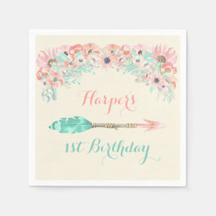 Watercolor Arrow Feathers Flowers Pink Peach Mint Napkin