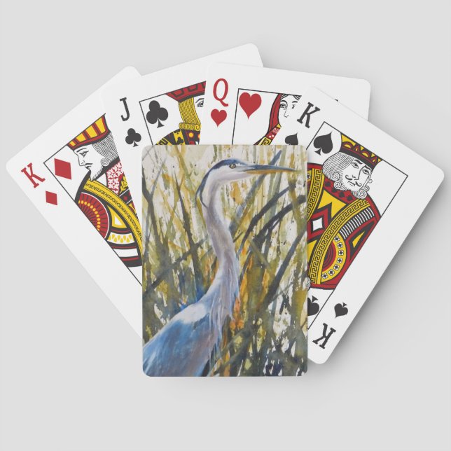 Watercolor Art Blue Heron In Tall Grass  Playing Cards (Back)