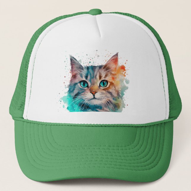 Watercolor Art Cat Trucker Hat (Front)