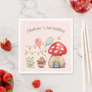 Watercolor Art Cute Mushroom and Flowers Napkin