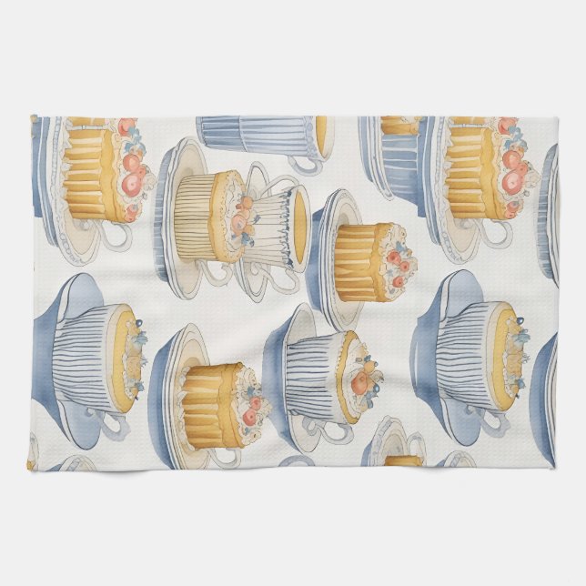 Watercolor art. Fancy desserts. Cute tea cup towel (Horizontal)