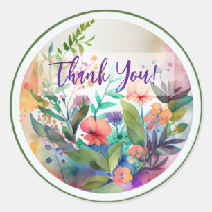 WATERCOLOR ART FLOWERS DESIGN "THANK YOU" CLASSIC ROUND STICKER
