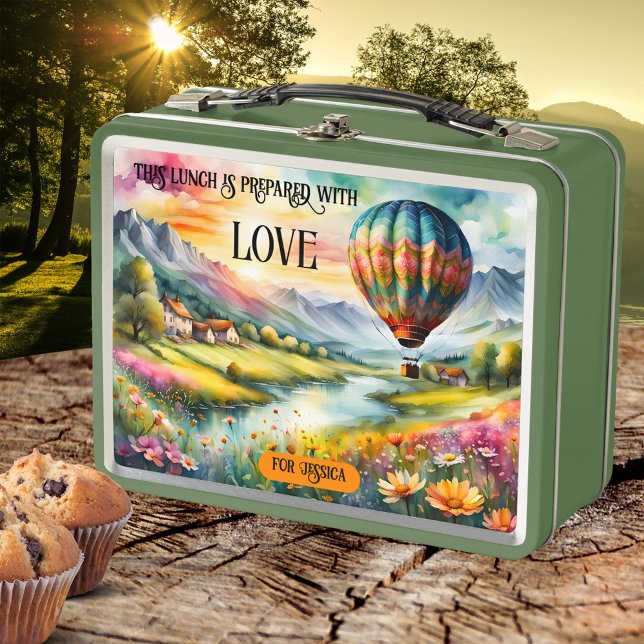 Watercolor Art Hot Air Balloon Travel Metal Lunch Box (Lunch Box featuring a watercolor painting of a landscape with colorful flowers and a hot air balloon)