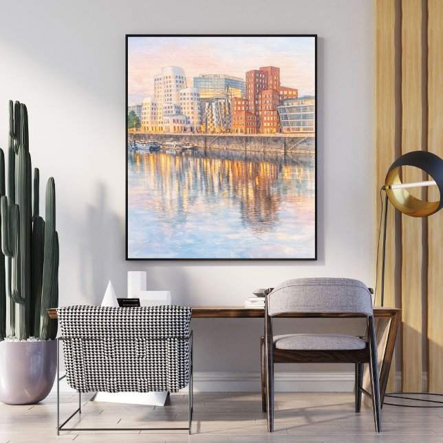Watercolor Art – Modern City Reflection at Sunset Poster (Creator Uploaded)
