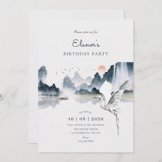 Watercolor art nature scenery birthday invitation (Front/Back)