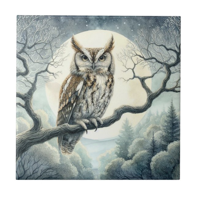 Watercolor Art Screech Owl Tile (Front)