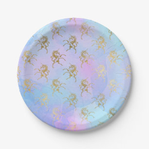 Watercolor Art Soft Colours Golden Unicorn Fantasy Paper Plate