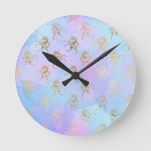Watercolor Art Soft Colours Golden Unicorn Fantasy Round Clock
