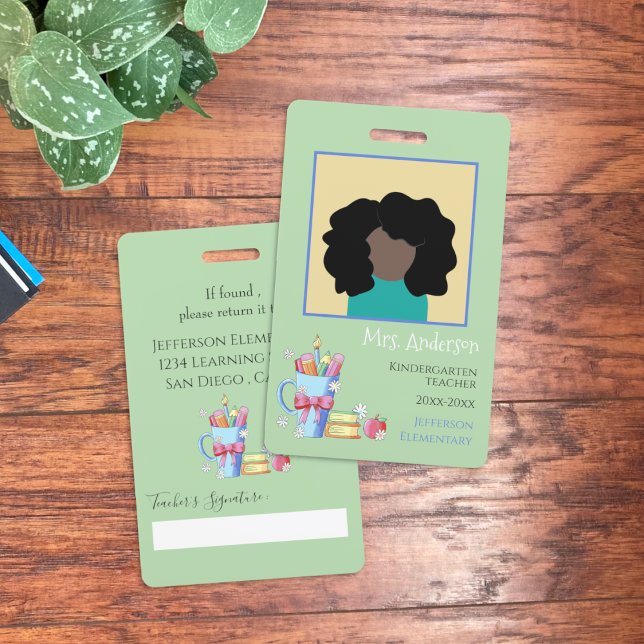 Watercolor Art Teacher Green Photo ID Badge (Green vertical kindergarten teacher photo ID badge .)