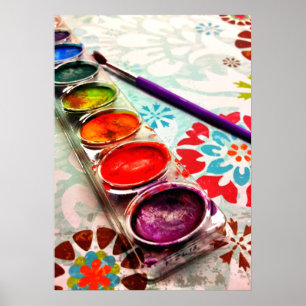 Watercolor Artist Paint Tray and Brush on Flowers Poster