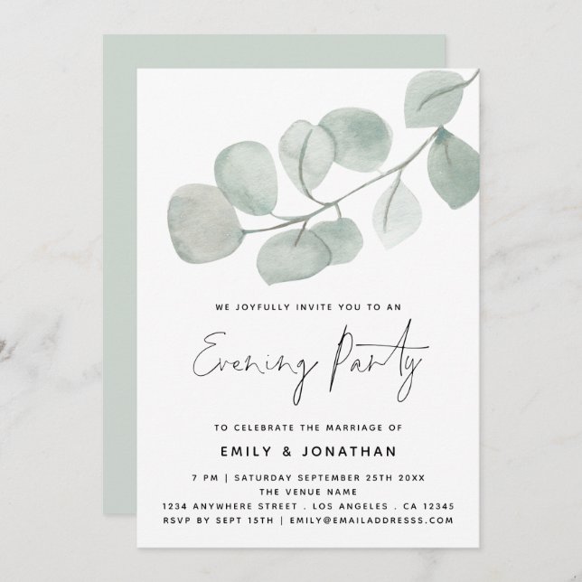 Watercolor Artsy Eucalyptus Wedding Evening Party Invitation (Front/Back)