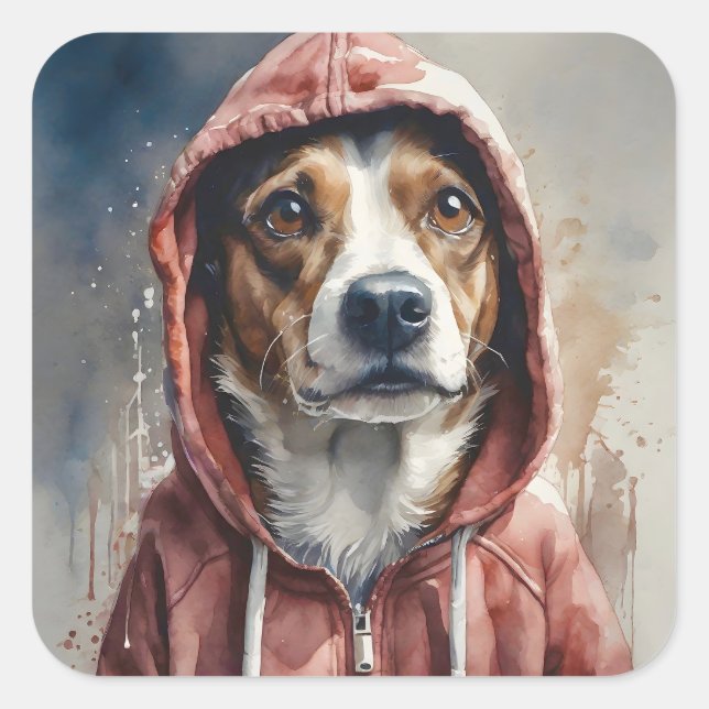 Watercolor Artwork Brown and White Dog in Hoodie  Square Sticker (Front)