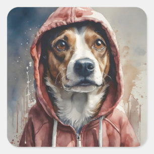 Watercolor Artwork Brown and White Dog in Hoodie  Square Sticker