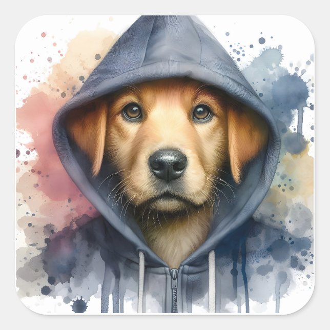 Watercolor Artwork Brown Dog in a Hoodie Splatter Square Sticker (Front)