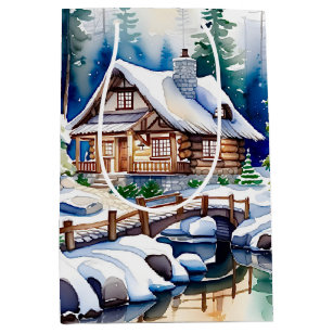 Watercolor Artwork of a Cottage in the Woods Snow Medium Gift Bag