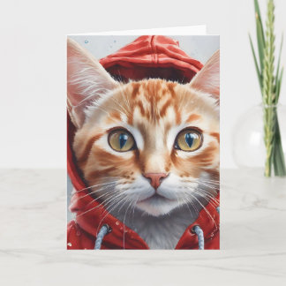 Watercolor Artwork Orange Tabby Cat in Red Hoodie  Card