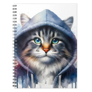 Watercolor Artwork Tabby Cat in a Hoodie Splatter Notebook
