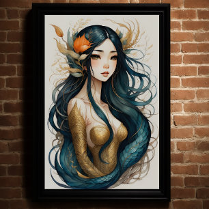Watercolor Asian Mermaid Poster