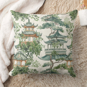 Watercolor Asian Pagoda in Verdant Landscape (10) Cushion